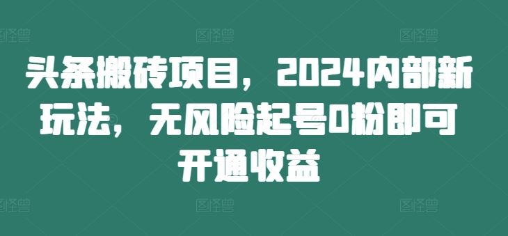 头条搬砖项目，2024内部新玩法，无风险起号0粉即可开通收益-柯南聊项目