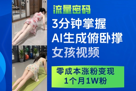 3分钟掌握AI生成俯卧撑女孩视频，零成本涨粉变现，1个月1W粉-柯南聊项目