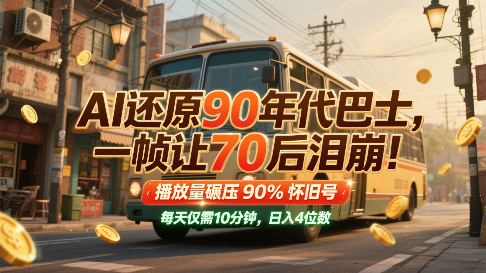 AI还原90年代巴士，一帧让70后泪崩！播放量碾压90%怀旧号，每天10分钟，日入4位数-柯南聊项目