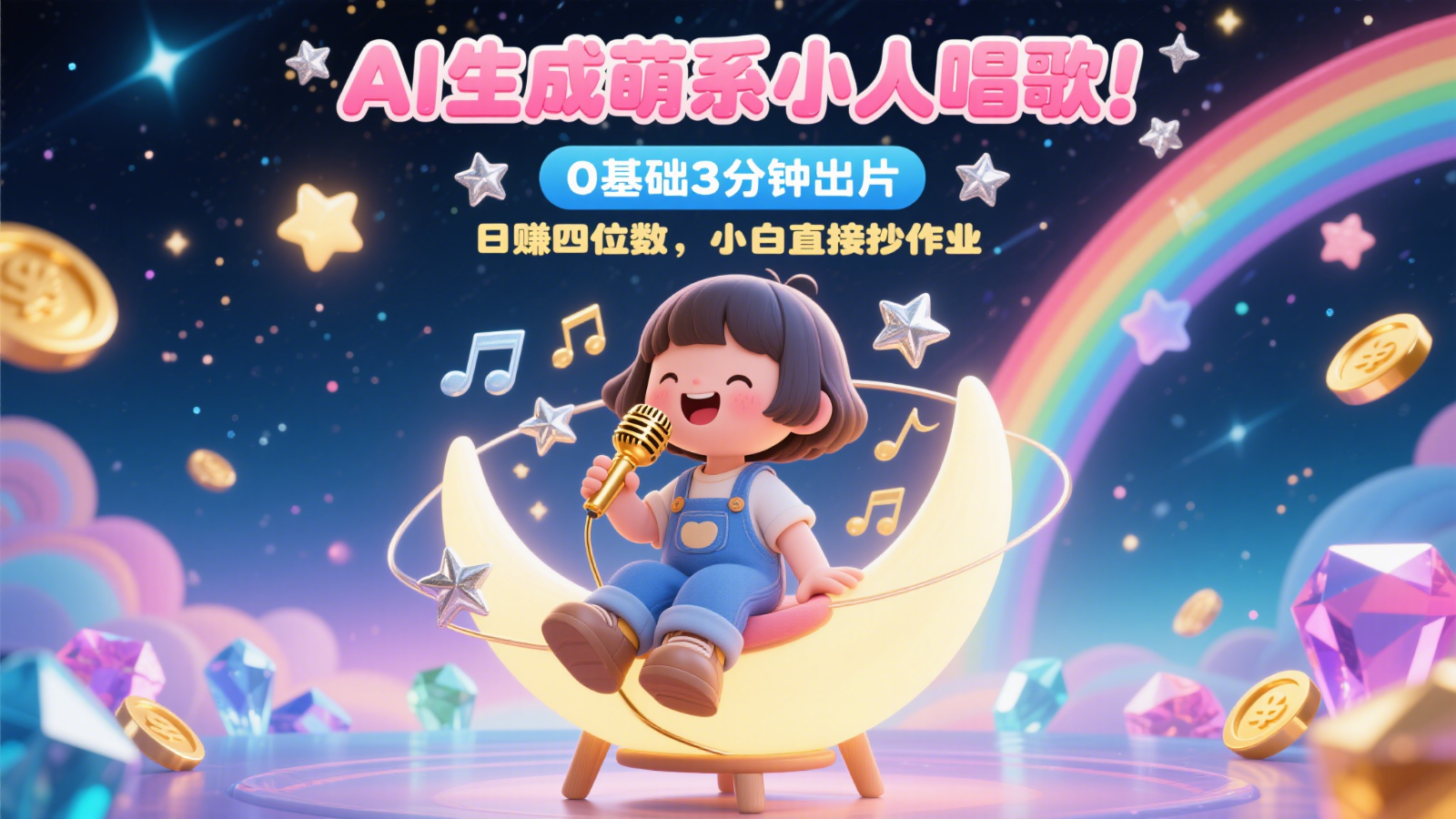 AI生成萌系小人唱歌！0基础3分钟出片，28个作品涨粉9万，日赚四位数，小白直接抄作业-柯南聊项目
