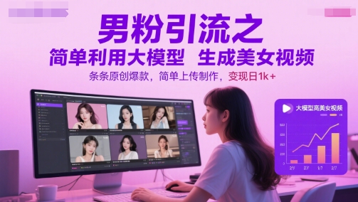 男粉引流之简单利用大模型生成美女视频，条条原创爆款，简单上传制作，变现日1k+-柯南聊项目