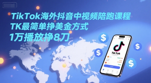 TikTok海外抖音中视频陪跑课程，TK最简单挣美金方式，1万播放挣8刀-柯南聊项目