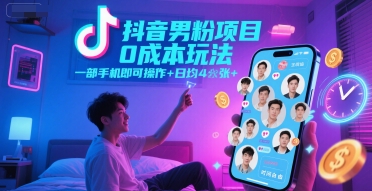抖音男粉项目0成本玩法，一部手机即可操作，日均4张+，时间自由-柯南聊项目
