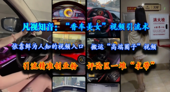 凡视知音：“香车美女”视频引流术，依靠鲜为人知的视频入口，搬运“高端圈子”视频，引流精准创业粉，评论区一堆“求带”-柯南聊项目