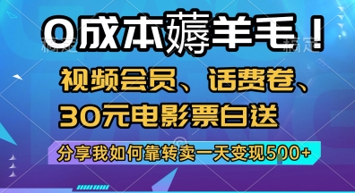 0成本薅羊毛!视频会员、话费卷、30元电影票白送，分享我如何靠转卖一天变现5张+【揭秘】-柯南聊项目