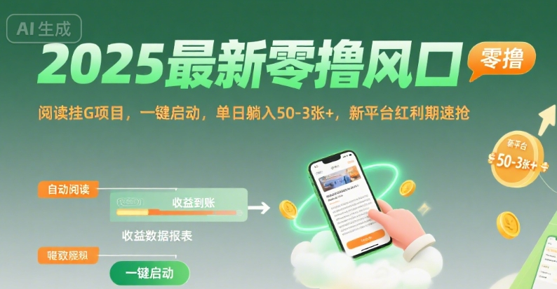 2025最新零撸风口，阅读挂G项目，一键启动，单日躺入 50-3张+，新平台红利期速抢【揭秘】-柯南聊项目