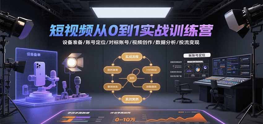 短视频从0到1实战训练营：设备准备/账号定位/对标账号/视频创作/数据分析/投流变现-柯南聊项目
