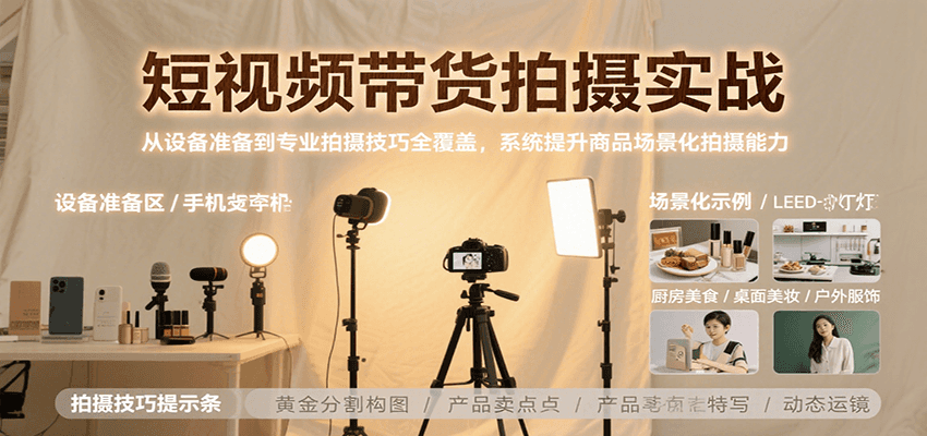 短视频带货拍摄实战，从设备准备到专业拍摄技巧全覆盖，系统提升商品场景化拍摄能力-柯南聊项目