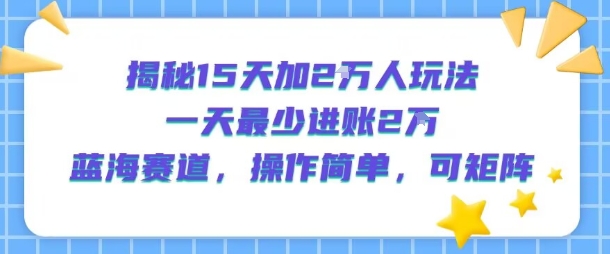 揭秘15天加2W人玩法，一天最少2万进账，蓝海赛道，操作简单，可矩阵-柯南聊项目
