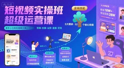 短视频实操班超级运营课，新手小白到短视频大神必修课程，剪辑-拍摄-运营-直播-变现-柯南聊项目