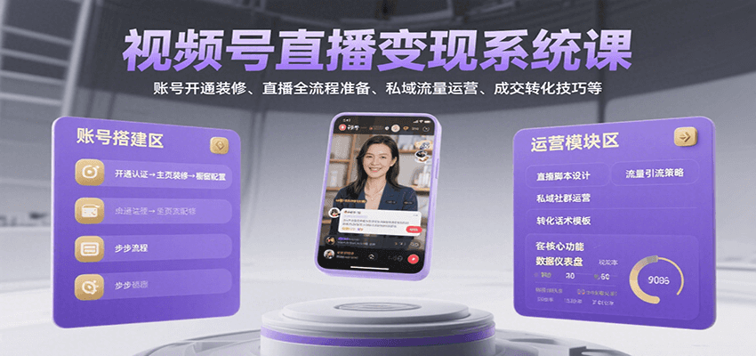 视频号直播变现系统课，账号开通装修、直播全流程准备、私域流量运营、成交转化技巧等-柯南聊项目