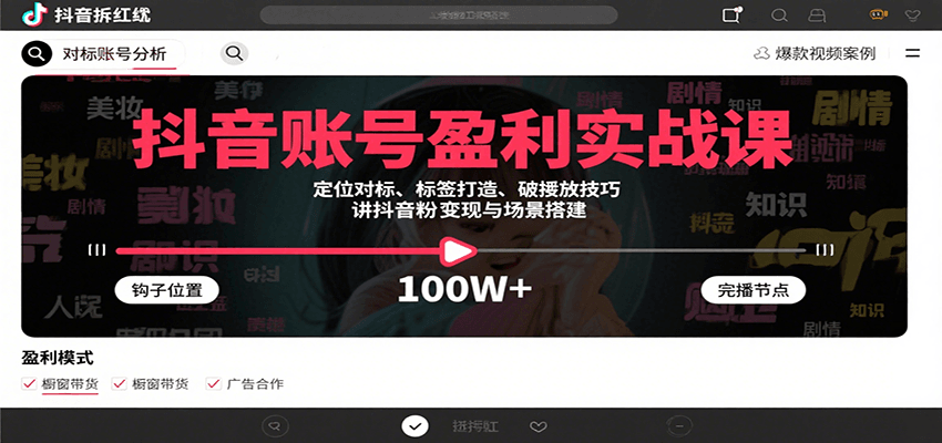 抖音账号盈利实战课，定位对标、标签打造、破播放技巧，讲涨粉变现与场景搭建-柯南聊项目
