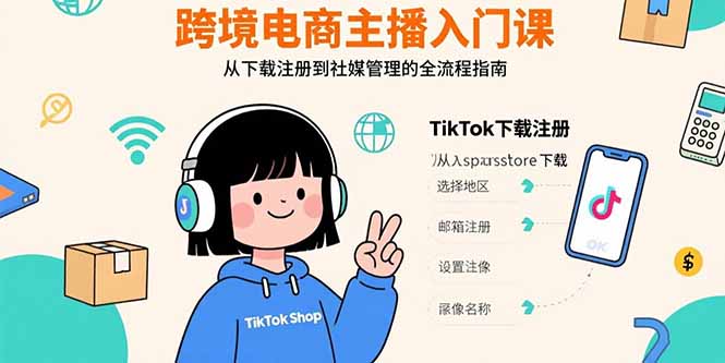 跨境电商主播入门课，TikTok下载注册，支付工具配置，社媒账号管理全流程-柯南聊项目