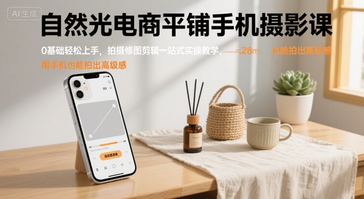 自然光电商平铺手机摄影课，0基础轻松上手，拍摄修图剪辑一站式实操教学，用手机也能拍出高级感-柯南聊项目