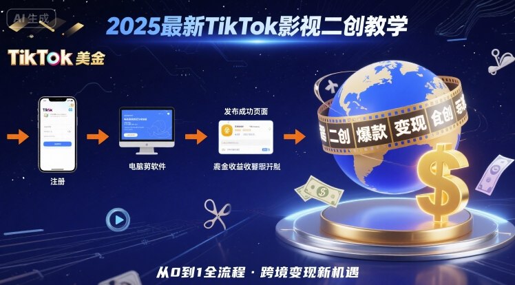 2025年最新TikTok影视二创教学，从注册到发布撸美金全流程，跨境变现新机遇-柯南聊项目