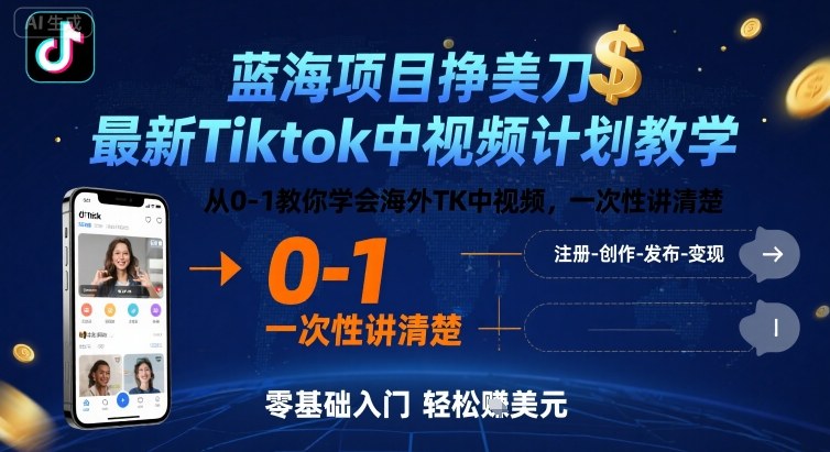 蓝海项目挣美刀，最新Tiktok中视频计划教学，从0-1教你学会海外TK中视频，一次性讲清楚-柯南聊项目