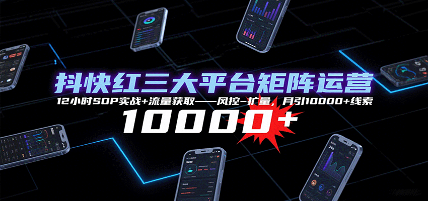 抖快红三大平台矩阵运营，12小时SOP实战+流量获取-风控-扩量，月引10000+线索-柯南聊项目