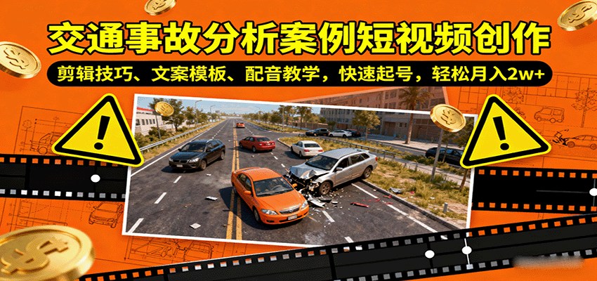 交通事故分析案例短视频创作，剪辑技巧、文案模板、配音教学，快速起号，轻松月入2w+-柯南聊项目