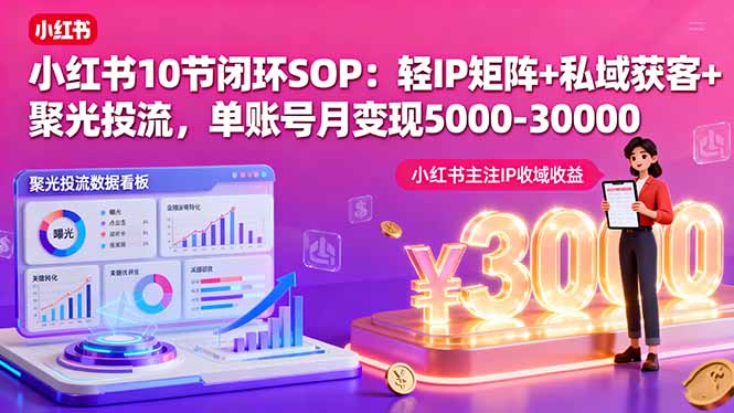 小红书10节闭环SOP：轻IP矩阵+私域获客+聚光投流，单账号月变现5000-30000-柯南聊项目
