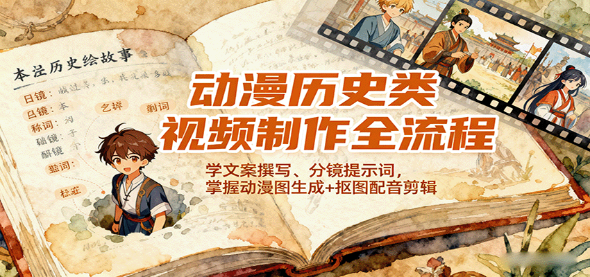 动漫历史类视频制作全流程，学文案撰写、分镜提示词，掌握动漫图生成+抠图配音剪辑-柯南聊项目
