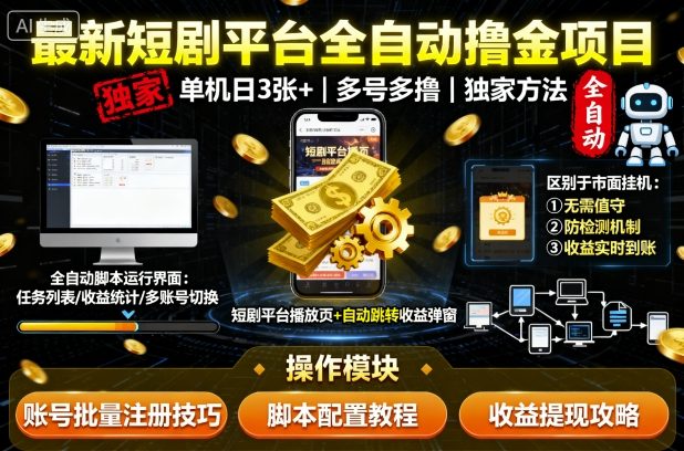 最新短剧平台全自动挂G撸金项目，单机一天3张+，多号多撸，区别于市面所有挂机项目，独家方法【揭秘】-柯南聊项目