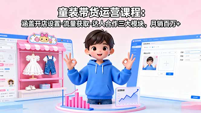 童装带货运营课程：涵盖开店设置-流量获取-达人合作三大模块，月销百万+-柯南聊项目