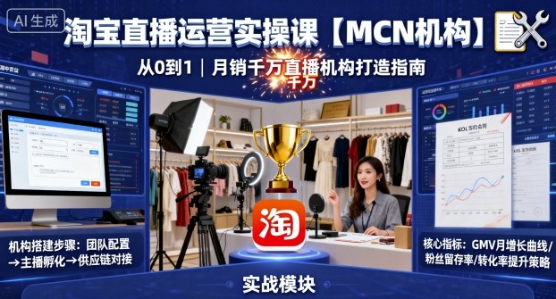 淘宝直播运营实操课【MCN机构】，从0到1做一家月销千W的直播机构-柯南聊项目