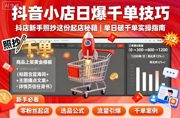 抖音小店日爆千单技巧，抖店新手照抄这份起店秘籍，单日破千单-柯南聊项目