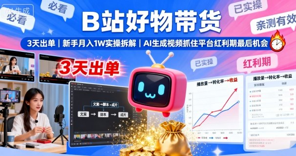 B站好物带货，3天出单，新手月入1W实操拆解，AI生成视频，抓住平台红利期最后机会-柯南聊项目