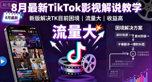 8月最新TikTok影视解说教学，新版解决TK目前困境，流量大，收益高-柯南聊项目