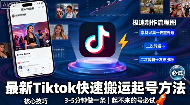 最新Tiktok快速搬运快速起号方法，3-5分钟做一条，起不来的号可以试试-柯南聊项目