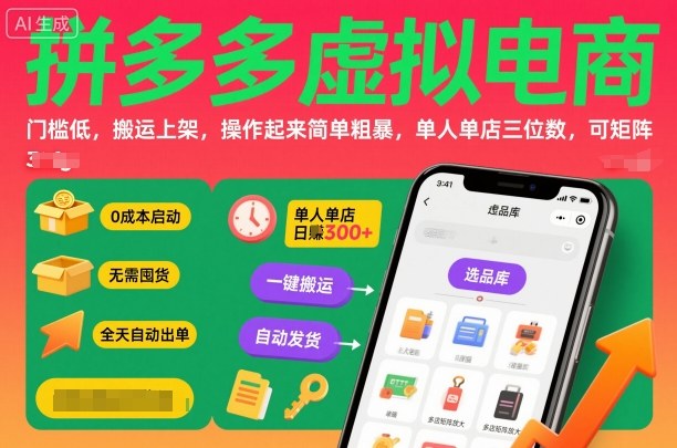 拼多多虚拟电商，门槛低，搬运上架，操作起来简单粗暴，单人单店三位数，可矩阵-柯南聊项目