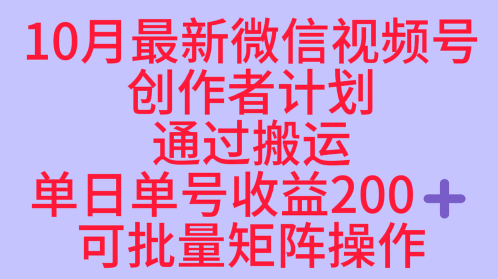 10月最新视频号收益最大化赛道长久稳定红利项目，单日单号收益2张+可批量矩阵操作-柯南聊项目