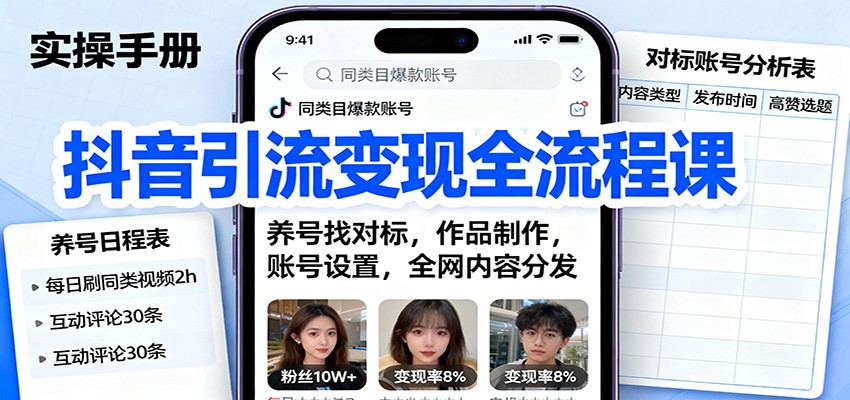抖音引流变现全流程课：养号找对标，作品制作，账号设置，全网内容分发-柯南聊项目