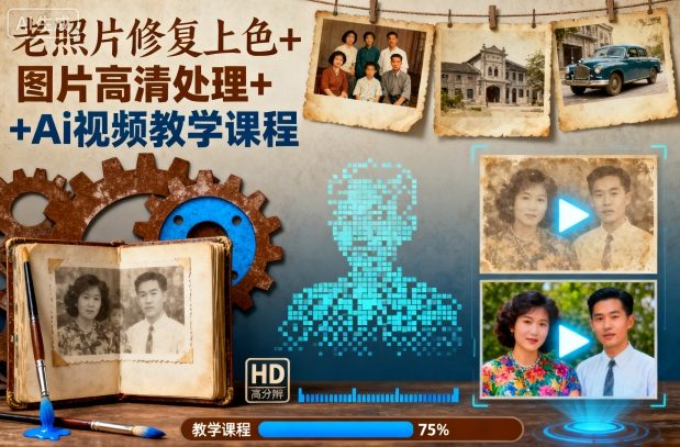 老照片修复上色+图片高清处理+Ai视频教学课程-柯南聊项目