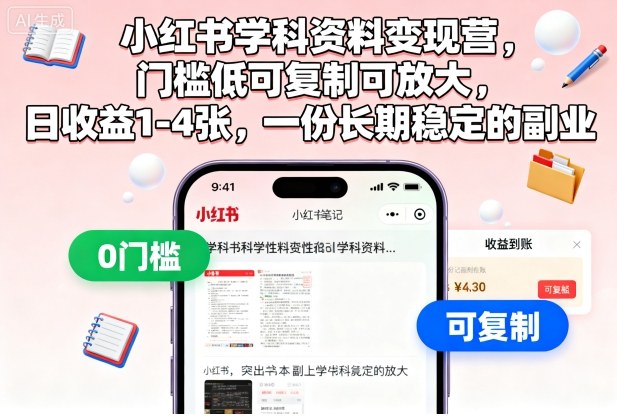 小红书学科资料变现营，门槛低可复制可放大，日收益1-4张，一份长期稳定的副业-柯南聊项目
