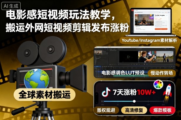 电影感短视频玩法教学，搬运外网短视频剪辑发布涨粉-柯南聊项目