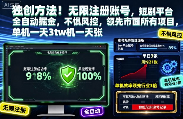 独创方法！无限注册账号，短剧平台全自动掘金，不惧风控，领先市面所有项目，单机一天3张【揭秘】-柯南聊项目