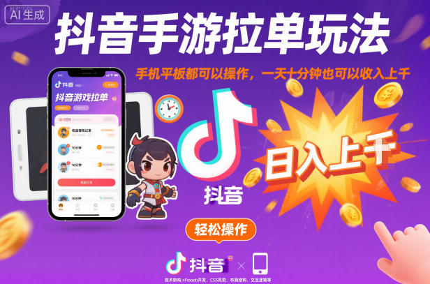 抖音手游拉单玩法，手机平板都可以操作，一天十分钟也可以收入上K【揭秘】-柯南聊项目