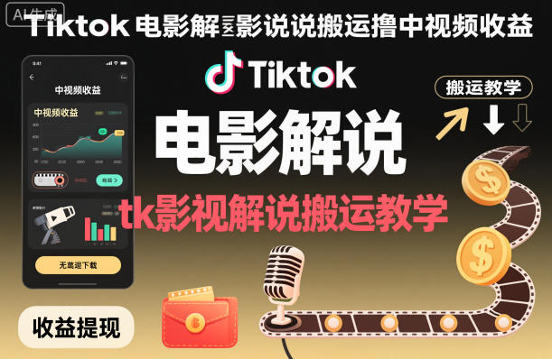 Tiktok电影解说搬运撸中视频收益，tk影视解说搬运教学-柯南聊项目