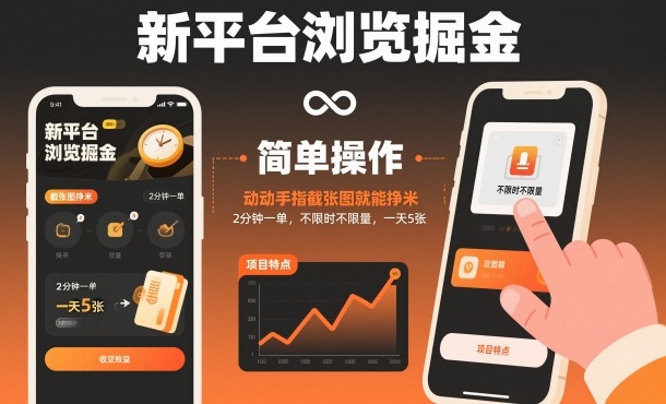 新平台浏览掘金，动动手指截张图就能挣米，2分钟一单，不限时不限量，一天5张【揭秘】-柯南聊项目