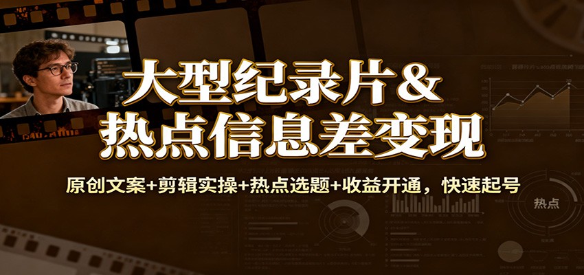 大型纪录片&热点信息差变现：原创文案+剪辑实操+热点选题+收益开通，快速起号-柯南聊项目