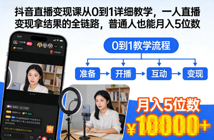 抖音直播变现课从0到1详细教学，一人直播变现拿结果的全链路，普通人也能月入5位数-柯南聊项目