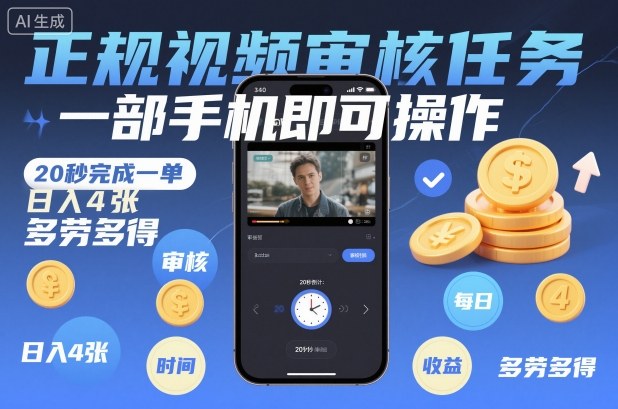 正规视频审核任务，一部手机即可操作，20秒完成一单，日入4张，多劳多得【揭秘】-柯南聊项目