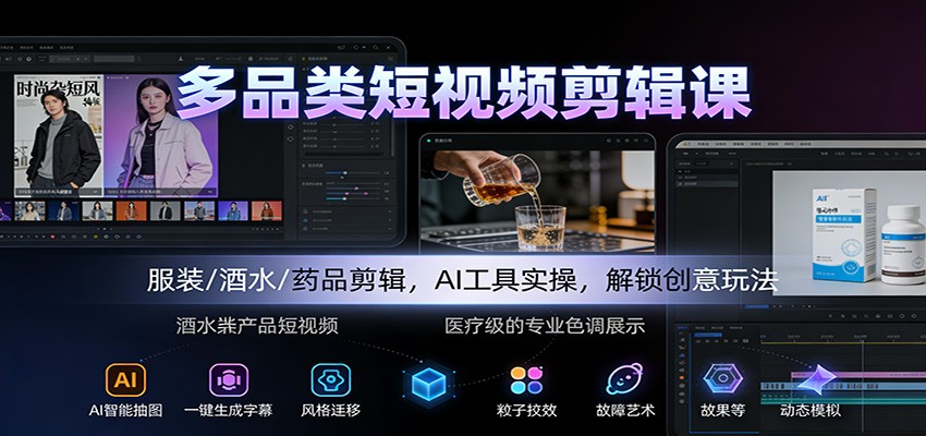 多品类短视频剪辑课：服装/酒水/药品剪辑，AI工具实操，解锁创意玩法-柯南聊项目