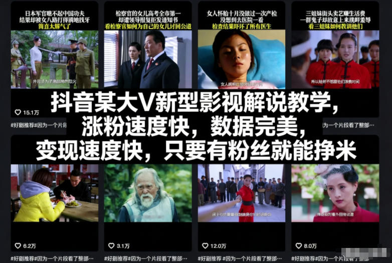 抖音某大V新型影视解说教学，涨粉速度快，数据完美，变现速度快，只要有粉丝就能挣米-柯南聊项目