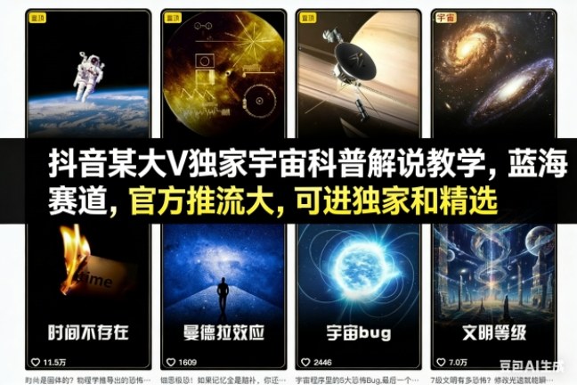 抖音某大V独家宇宙科普解说教学，蓝海赛道，官方推流大，可进独家和精选-柯南聊项目