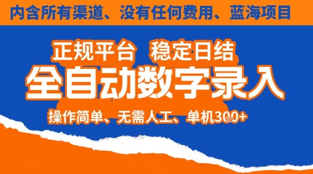 全自动数字录入，单机日入3张+，内含所有渠道全程免费零成本，操作简单可矩阵开干【揭秘】-柯南聊项目