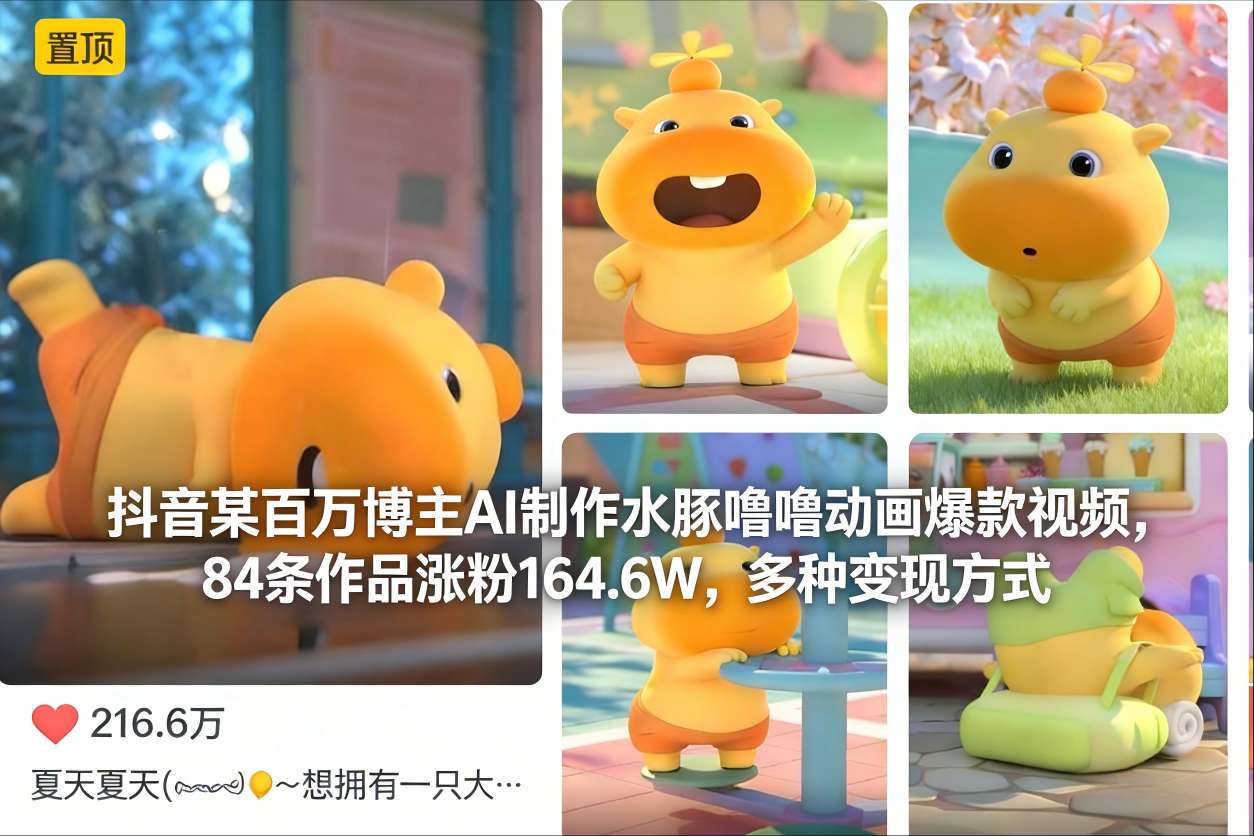 抖音某百万博主AI制作水豚噜噜动画爆款视频，84条作品涨粉164.6W，多种变现方式-柯南聊项目
