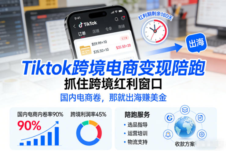 Tiktok跨境电商变现陪跑，抓住跨境红利窗口，国内电商卷，那就出海賺美金-柯南聊项目